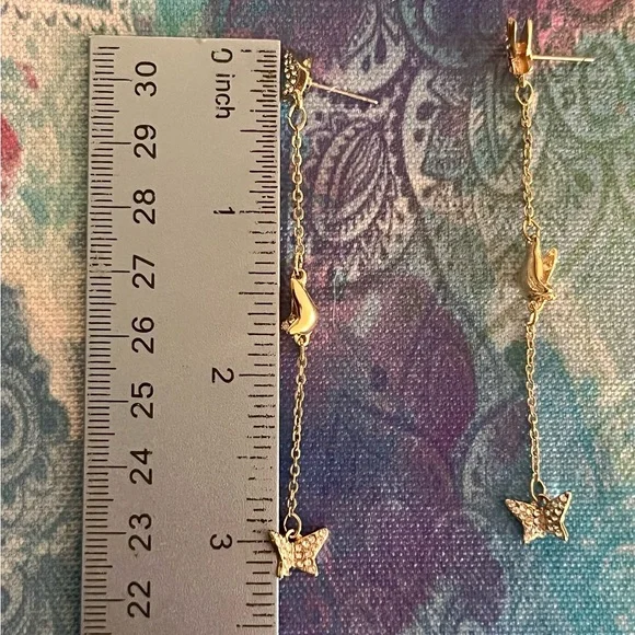 Gold 3 Inch Long Dangle Boho Butterfly Earrings With Crystal Gemstones~ New - Picture 8 of 8